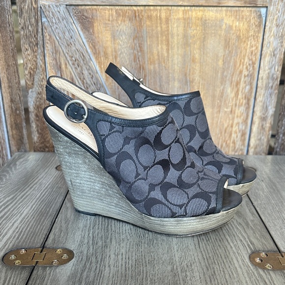 Coach Shoes - COACH Signature Janet Graphite Black Sandal Wedges in Size 10